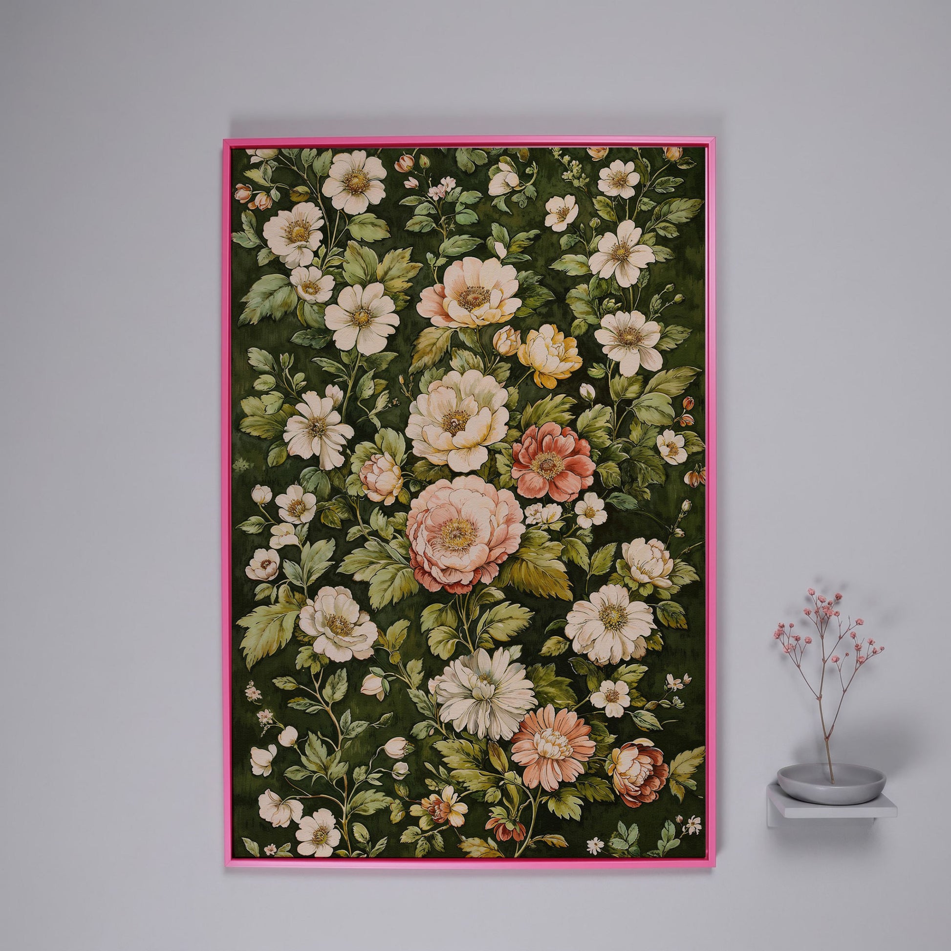 Vintage Peony Canvas Wall Art in Cream and Forest Green in pink floating frame