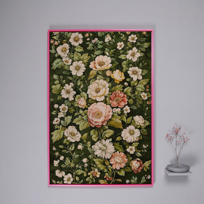 Vintage Peony Canvas Wall Art in Cream and Forest Green in pink floating frame