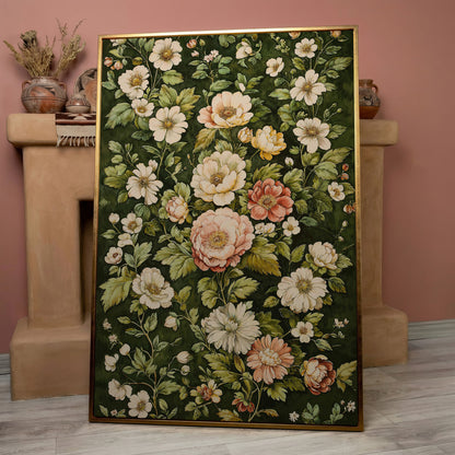 Vintage Peony Canvas Wall Art in Cream and Forest Green in rose gold floating frame