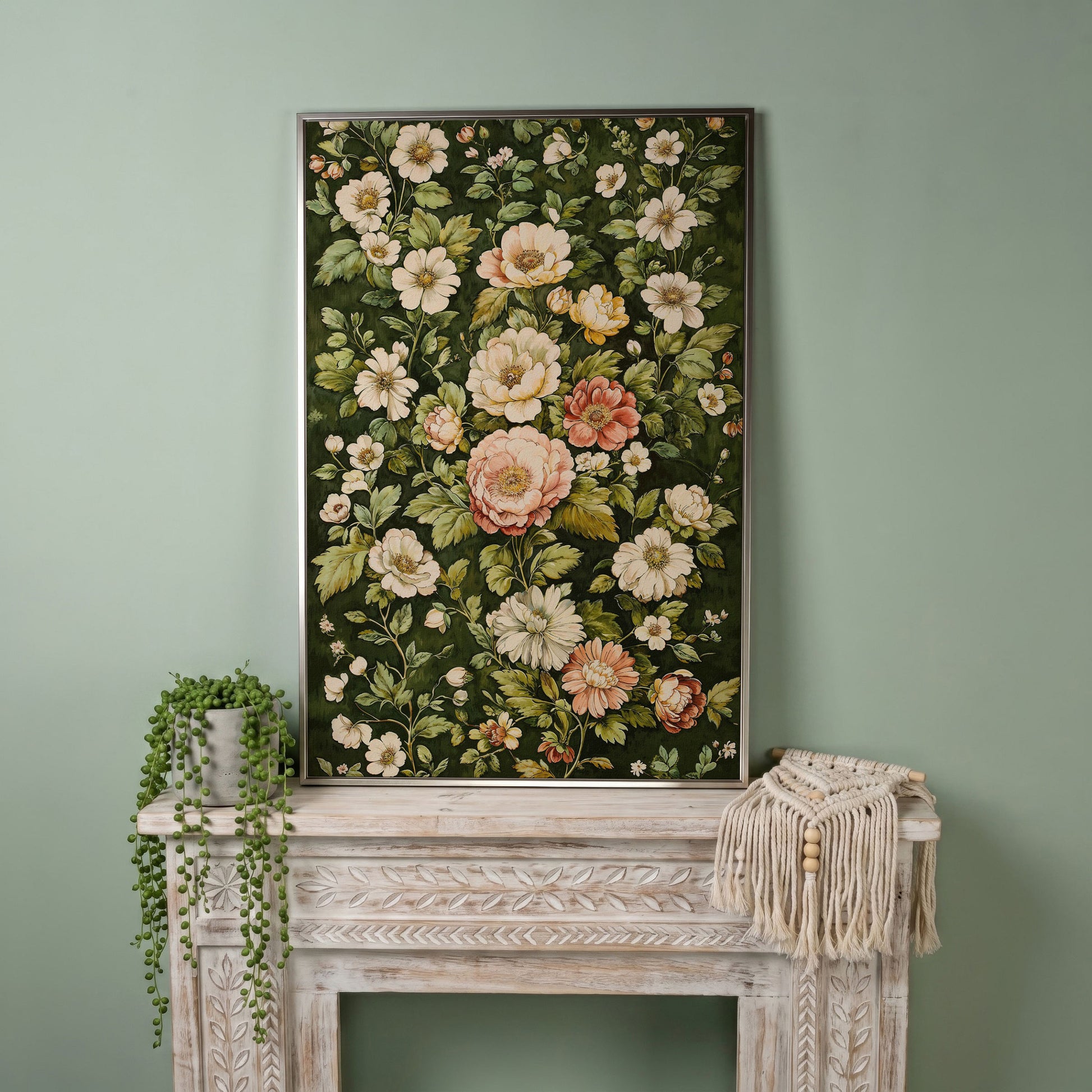 Vintage Peony Canvas Wall Art in Cream and Forest Green in silver floating frame