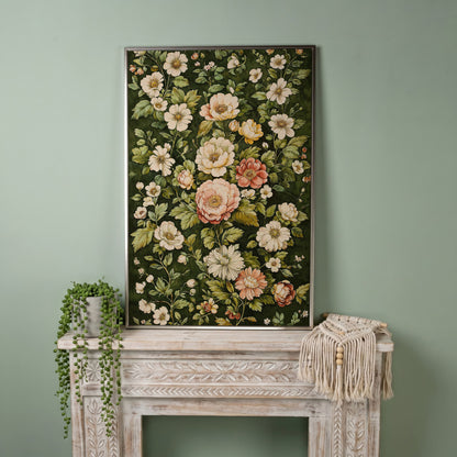 Vintage Peony Canvas Wall Art in Cream and Forest Green in silver floating frame