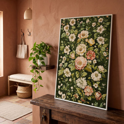 Vintage Peony Canvas Wall Art in Cream and Forest Green in white floating frame