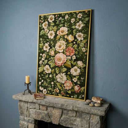 Vintage Peony Canvas Wall Art in Cream and Forest Green in yellow gold floating frame