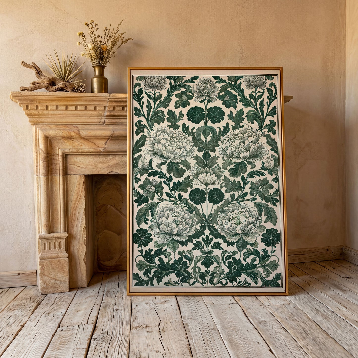 Green Peony Canvas Art with Emerald & Cream Pattern in antique gold floating frame