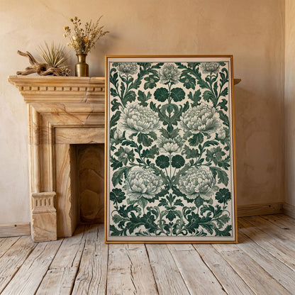 Green Peony Canvas Art with Emerald & Cream Pattern in antique gold floating frame