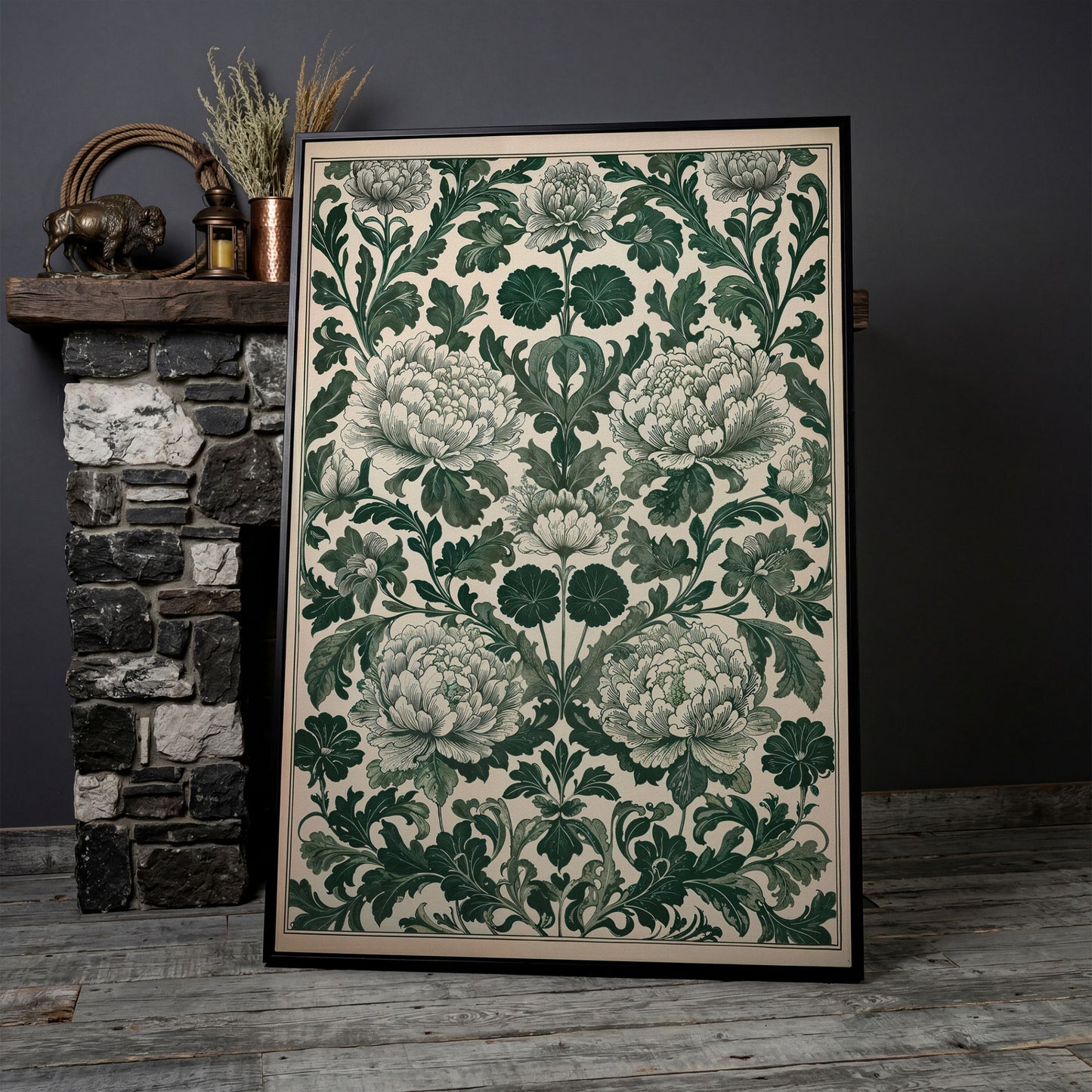Green Peony Canvas Art with Emerald & Cream Pattern in black floating frame