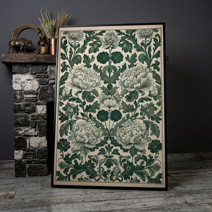 Green Peony Canvas Art with Emerald & Cream Pattern in black floating frame