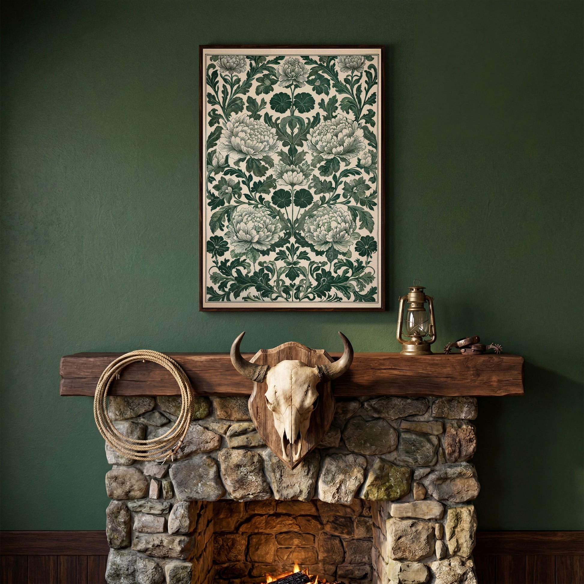 Green Peony Canvas Art with Emerald & Cream Pattern in dark walnut floating frame