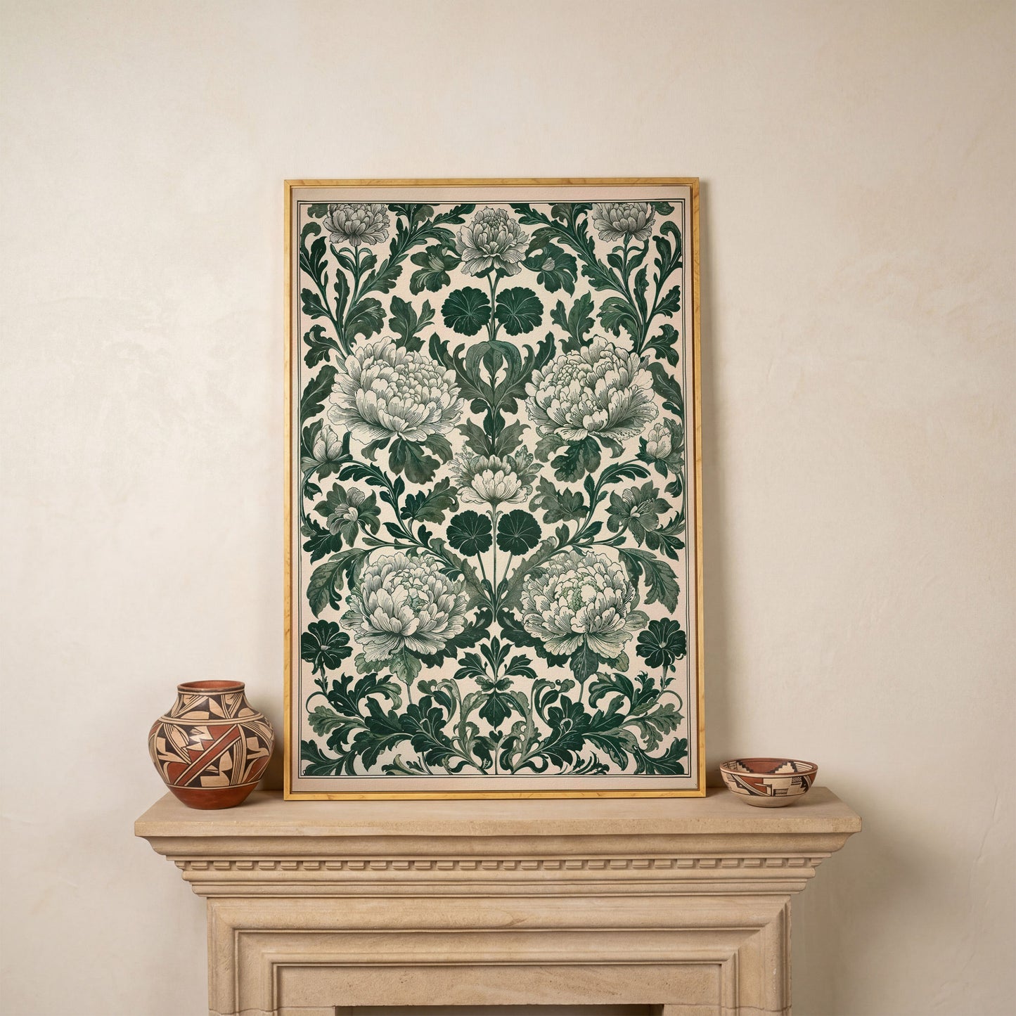 Green Peony Canvas Art with Emerald & Cream Pattern in white oak floating frame