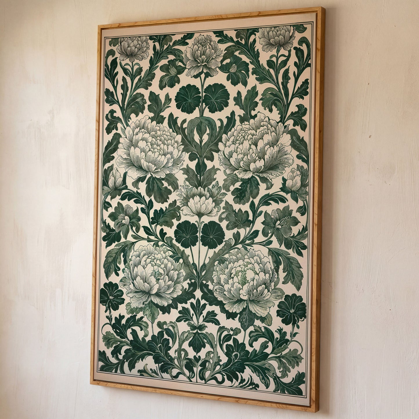 Green Peony Canvas Art with Emerald & Cream Pattern shown in white oak floating frame