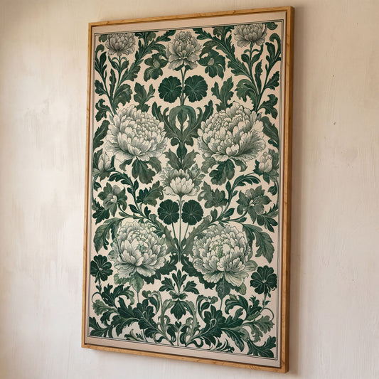 Green Peony Canvas Art with Emerald & Cream Pattern shown in white oak floating frame