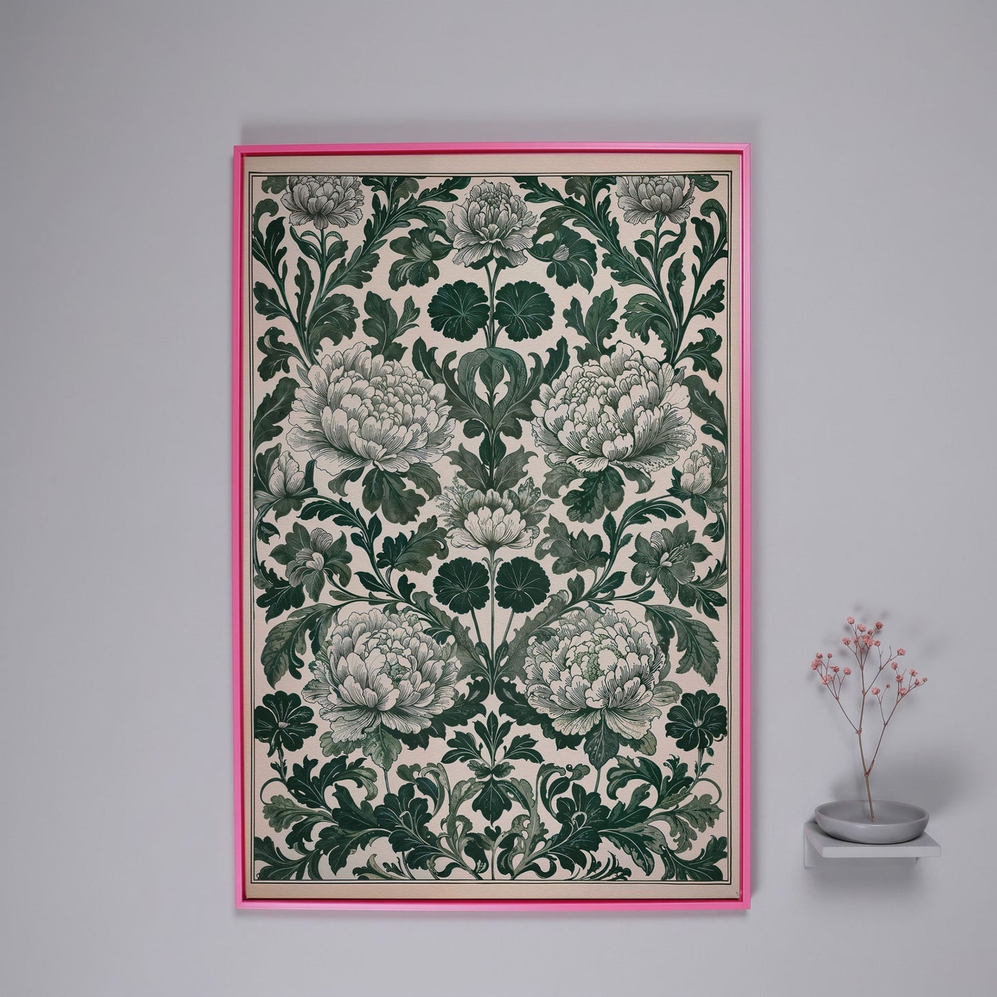 Green Peony Canvas Art with Emerald & Cream Pattern in pink floating frame