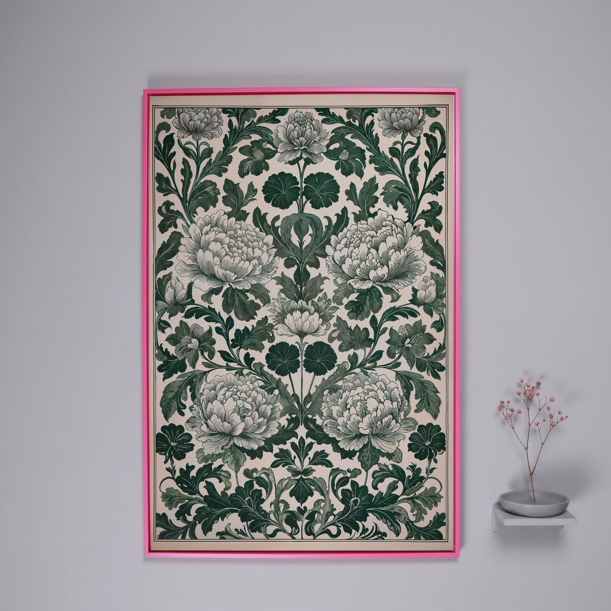 Green Peony Canvas Art with Emerald & Cream Pattern in pink floating frame