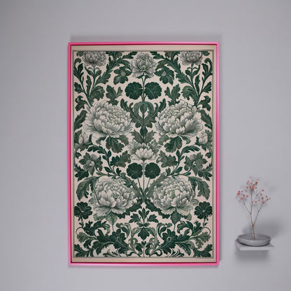 Green Peony Canvas Art with Emerald & Cream Pattern in pink floating frame