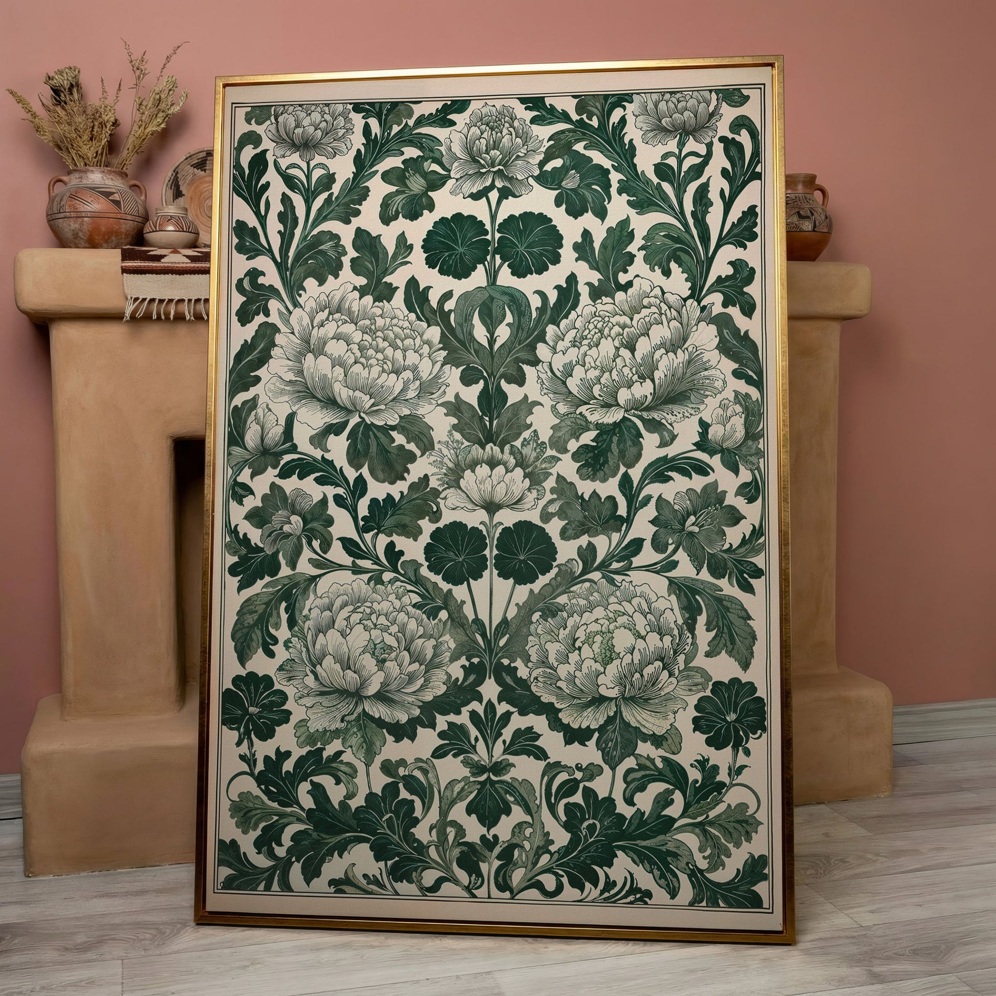 Green Peony Canvas Art with Emerald & Cream Pattern in rose gold floating frame