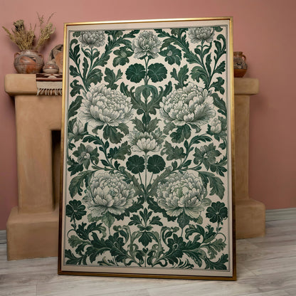 Green Peony Canvas Art with Emerald & Cream Pattern in rose gold floating frame