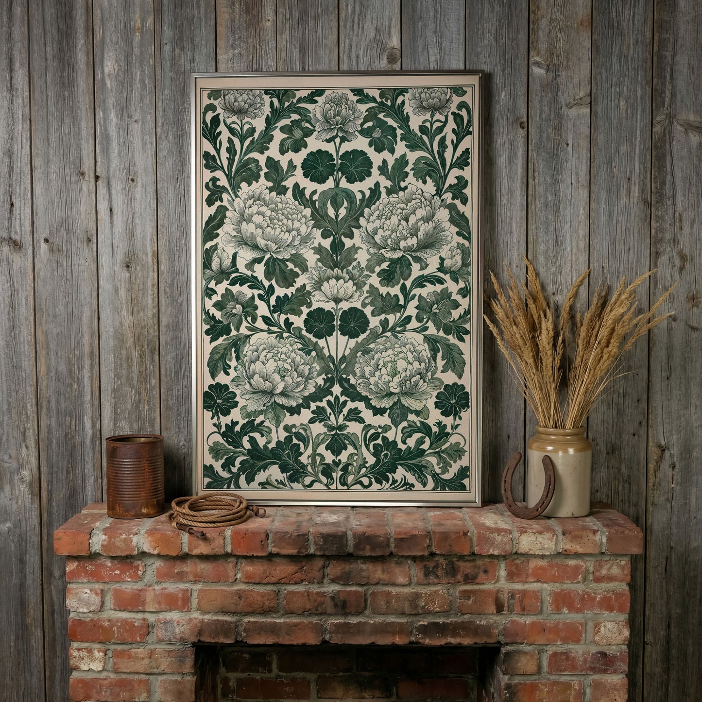 Green Peony Canvas Art with Emerald & Cream Pattern in silver floating frame