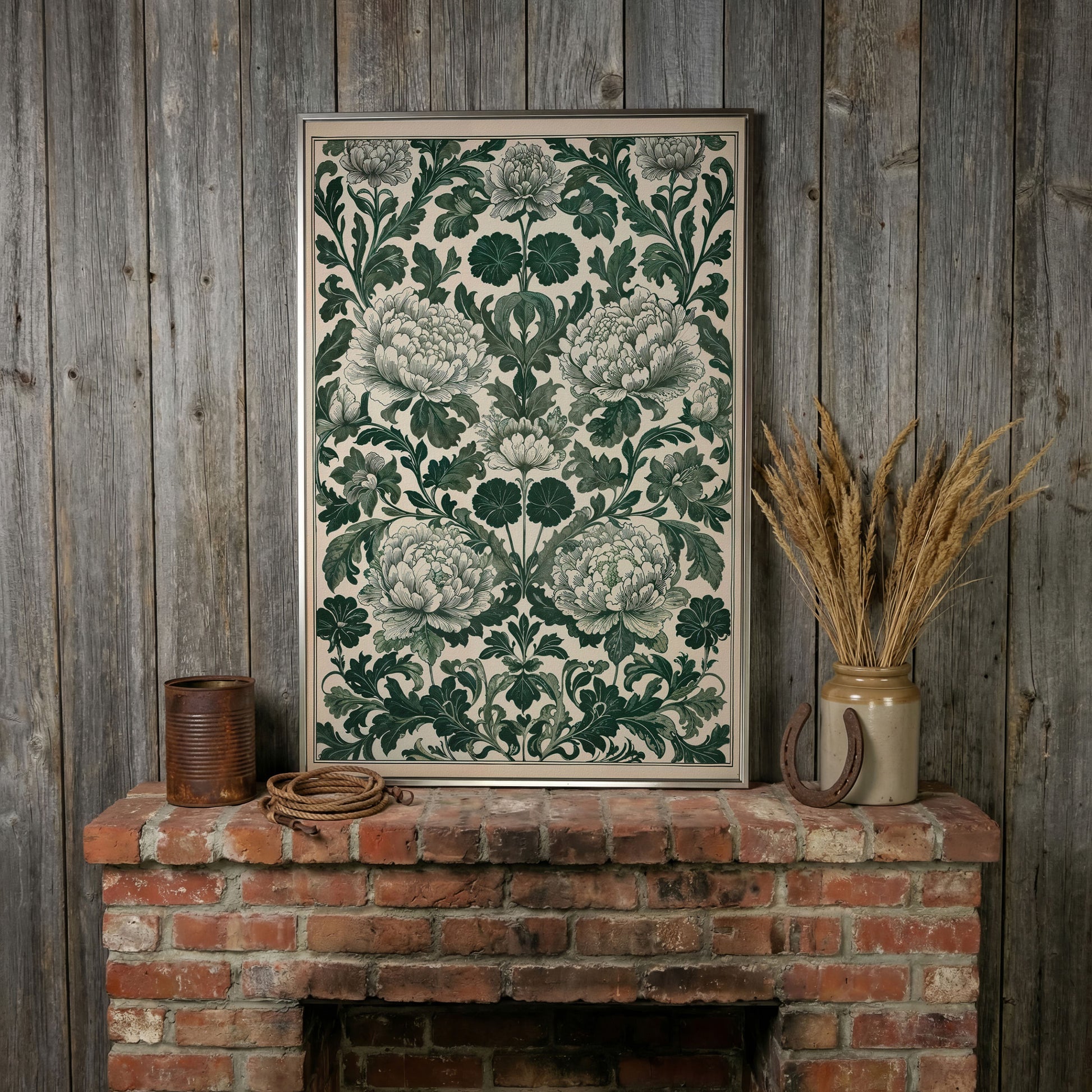 Green Peony Canvas Art with Emerald & Cream Pattern in silver floating frame