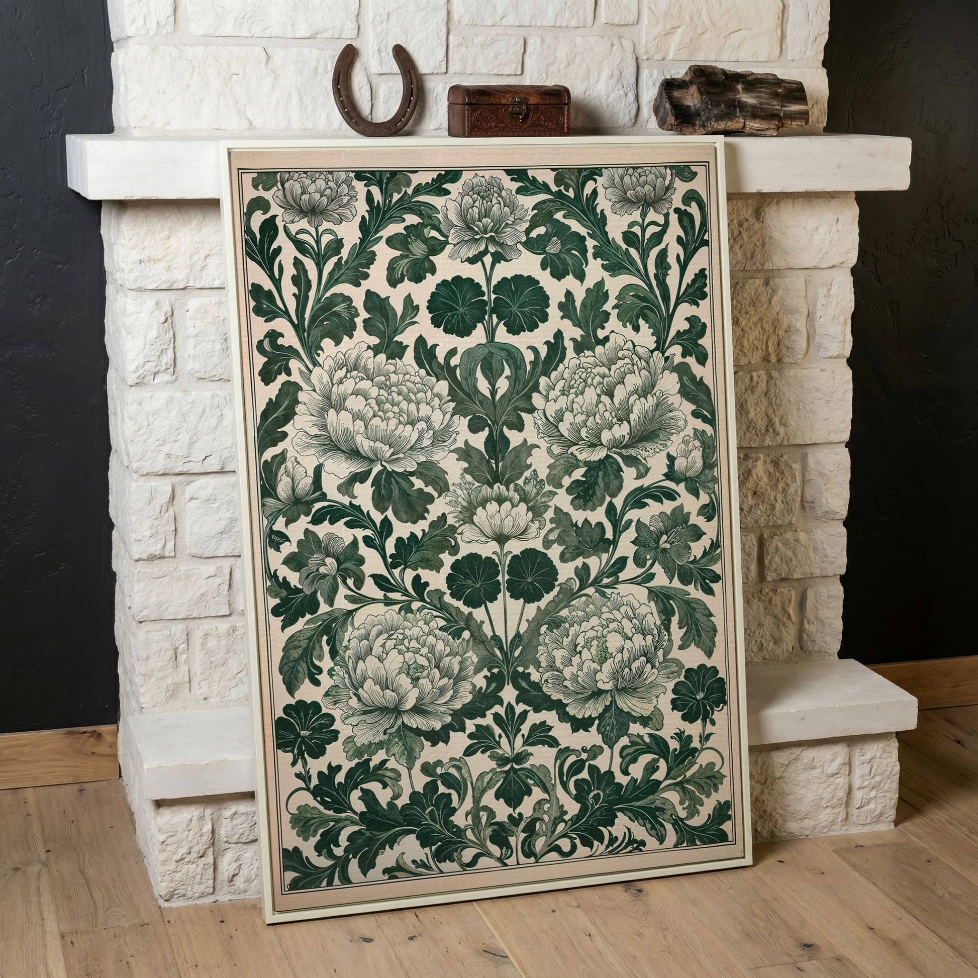 Green Peony Canvas Art with Emerald & Cream Pattern in white floating frame