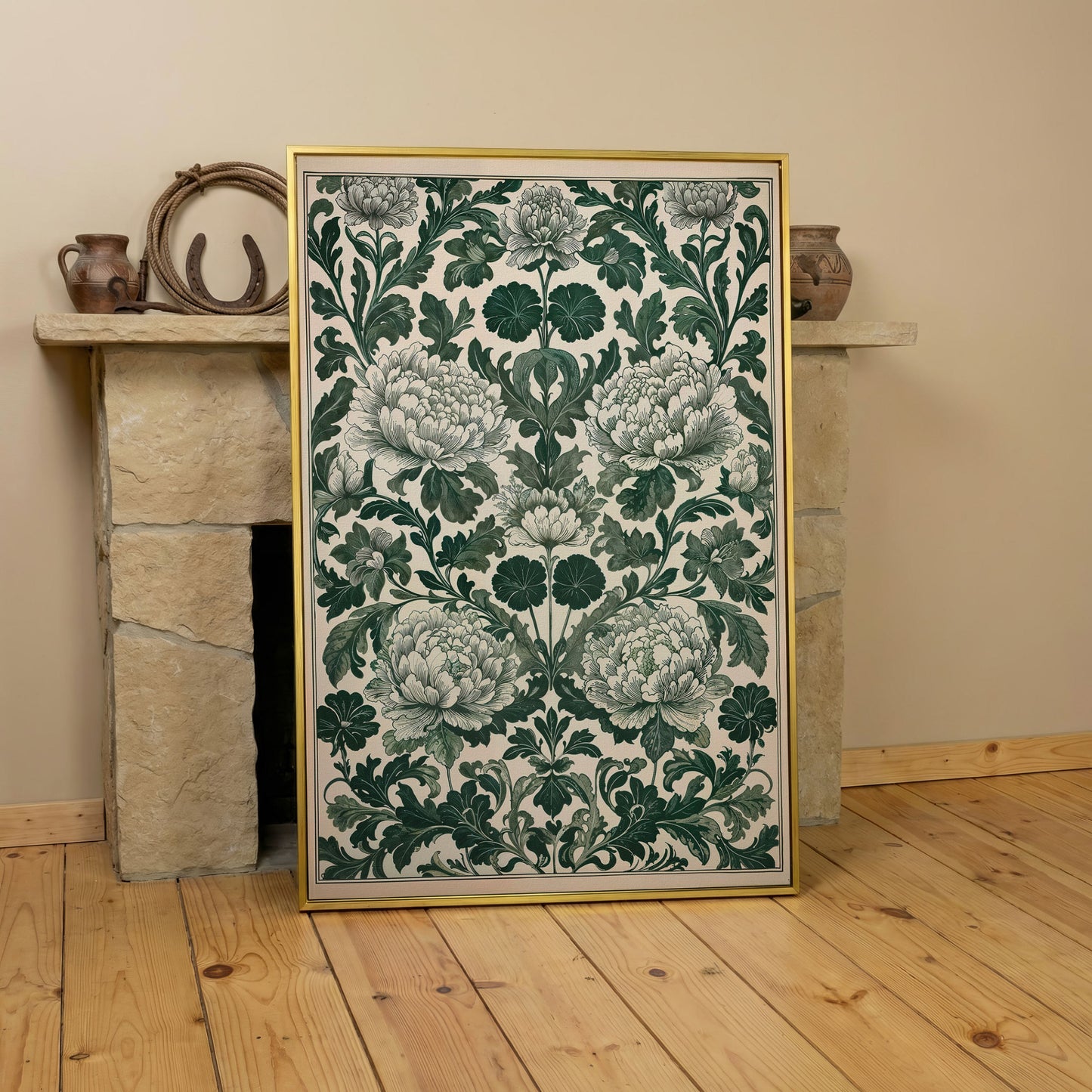 Green Peony Canvas Art with Emerald & Cream Pattern in yellow gold floating frame