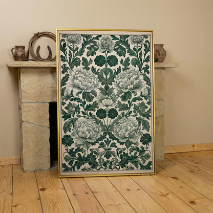 Green Peony Canvas Art with Emerald & Cream Pattern in yellow gold floating frame