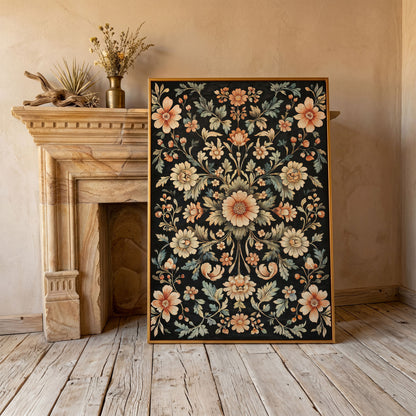 William Morris Floral Canvas in Burnt Sienna & Seafoam in antique gold floating frame