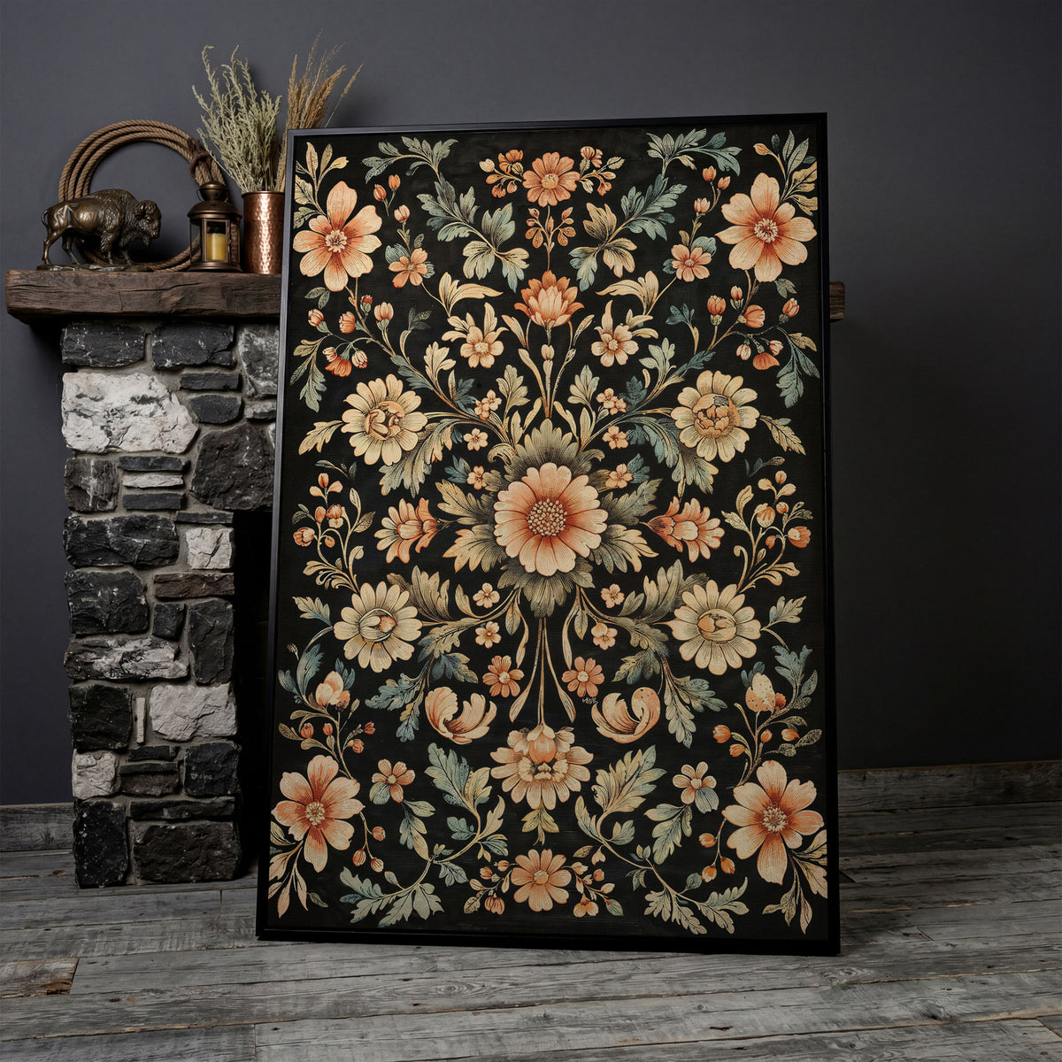 William Morris Floral Canvas in Burnt Sienna & Seafoam in black floating frame