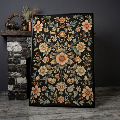 William Morris Floral Canvas in Burnt Sienna & Seafoam in black floating frame