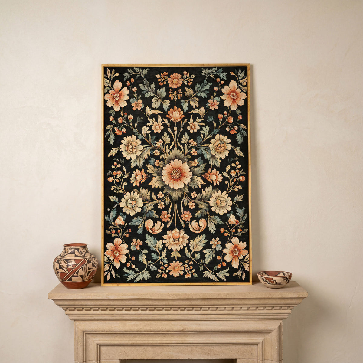 William Morris Floral Canvas in Burnt Sienna & Seafoam in white oak floating frame
