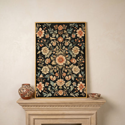 William Morris Floral Canvas in Burnt Sienna & Seafoam in white oak floating frame