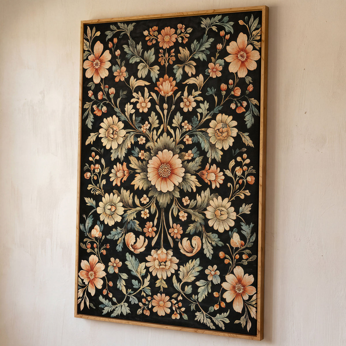 William Morris Floral Canvas in Burnt Sienna & Seafoam shown in white oak floating frame