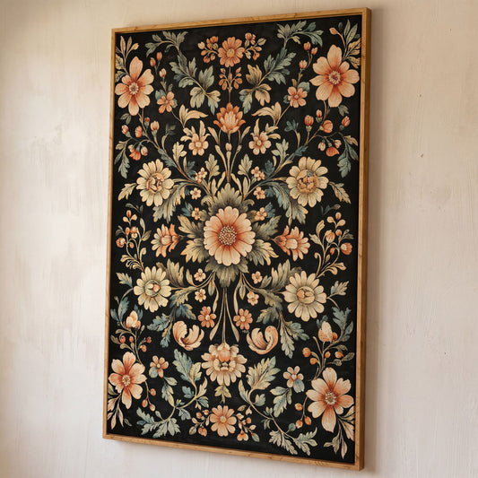William Morris Floral Canvas in Burnt Sienna & Seafoam shown in white oak floating frame