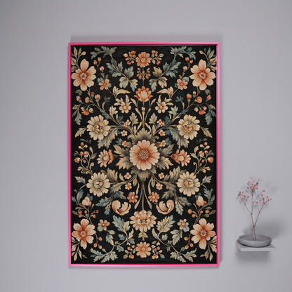 William Morris Floral Canvas in Burnt Sienna & Seafoam in pink floating frame
