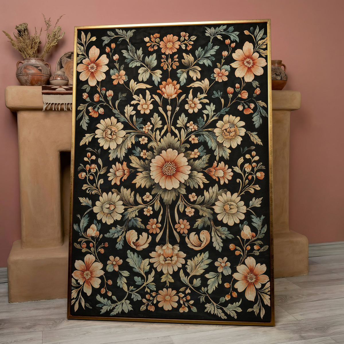 William Morris Floral Canvas in Burnt Sienna & Seafoam in rose gold floating frame