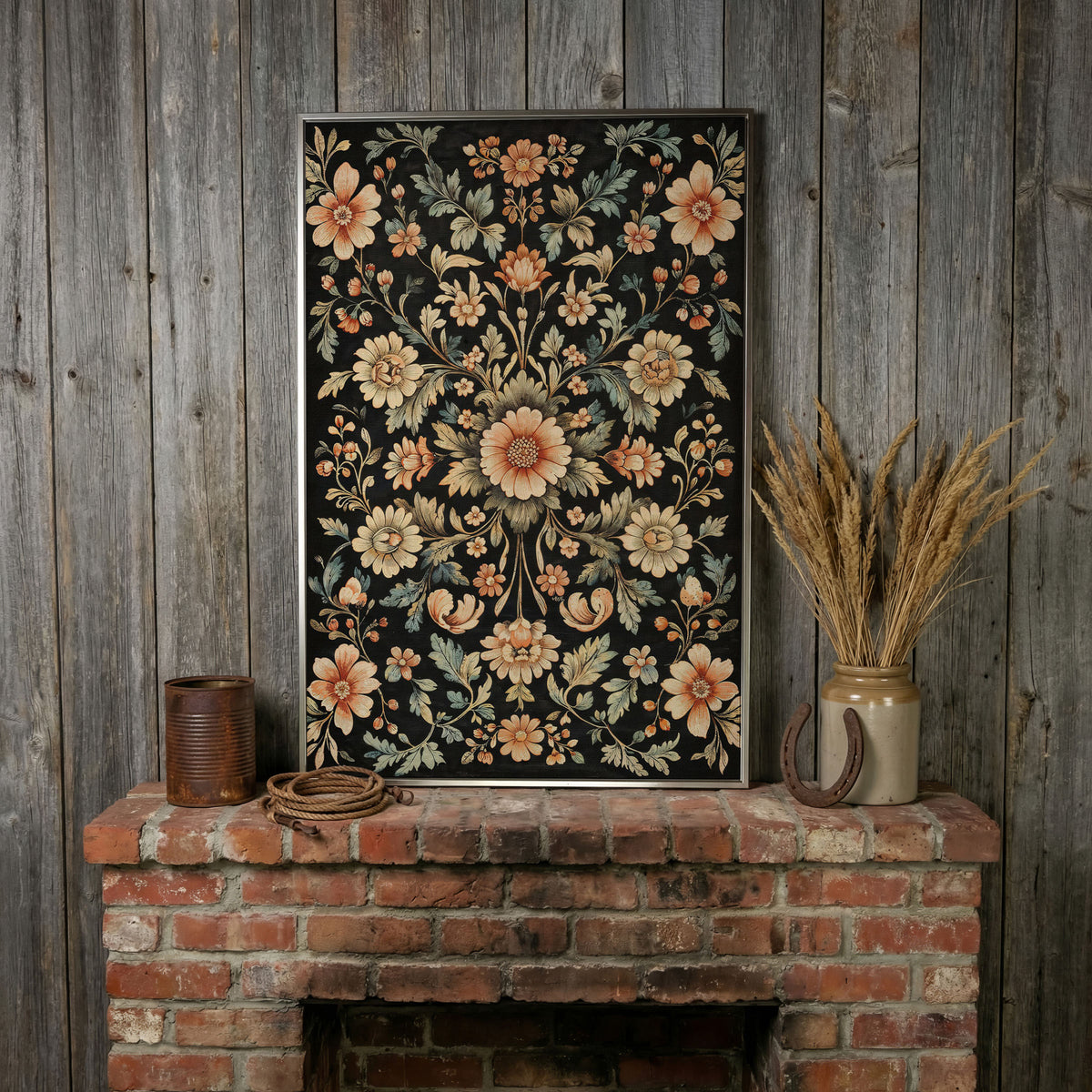 William Morris Floral Canvas in Burnt Sienna & Seafoam in silver floating frame