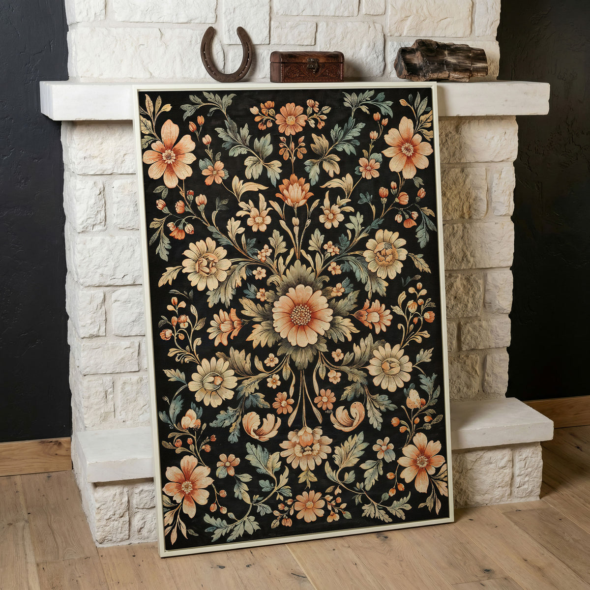 William Morris Floral Canvas in Burnt Sienna & Seafoam in white floating frame