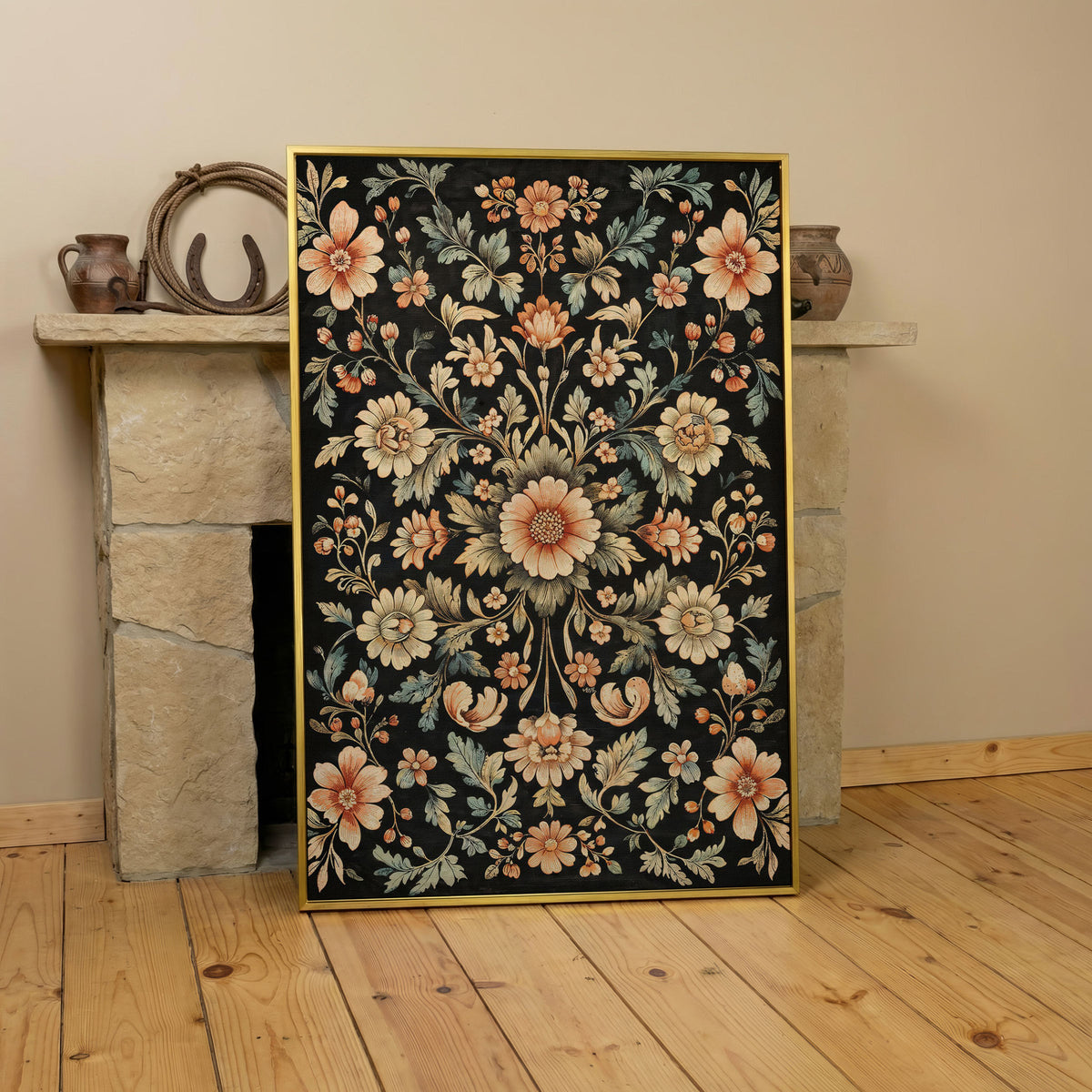 William Morris Floral Canvas in Burnt Sienna & Seafoam in yellow gold floating frame