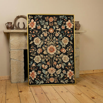 William Morris Floral Canvas in Burnt Sienna & Seafoam in yellow gold floating frame