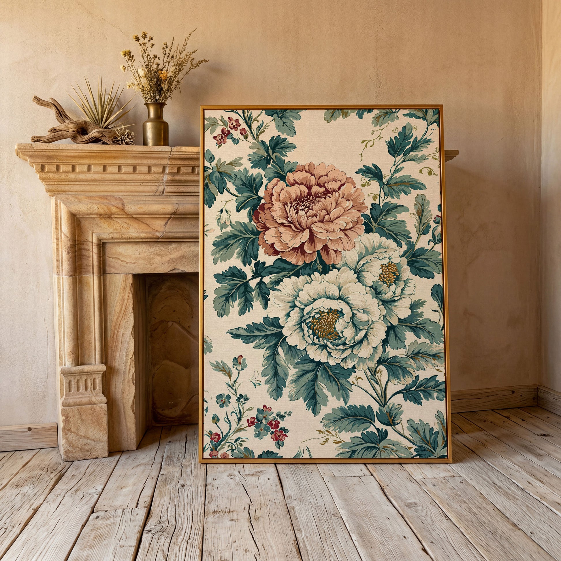 William Morris Peony Canvas Print in Teal & Peach in antique gold floating frame