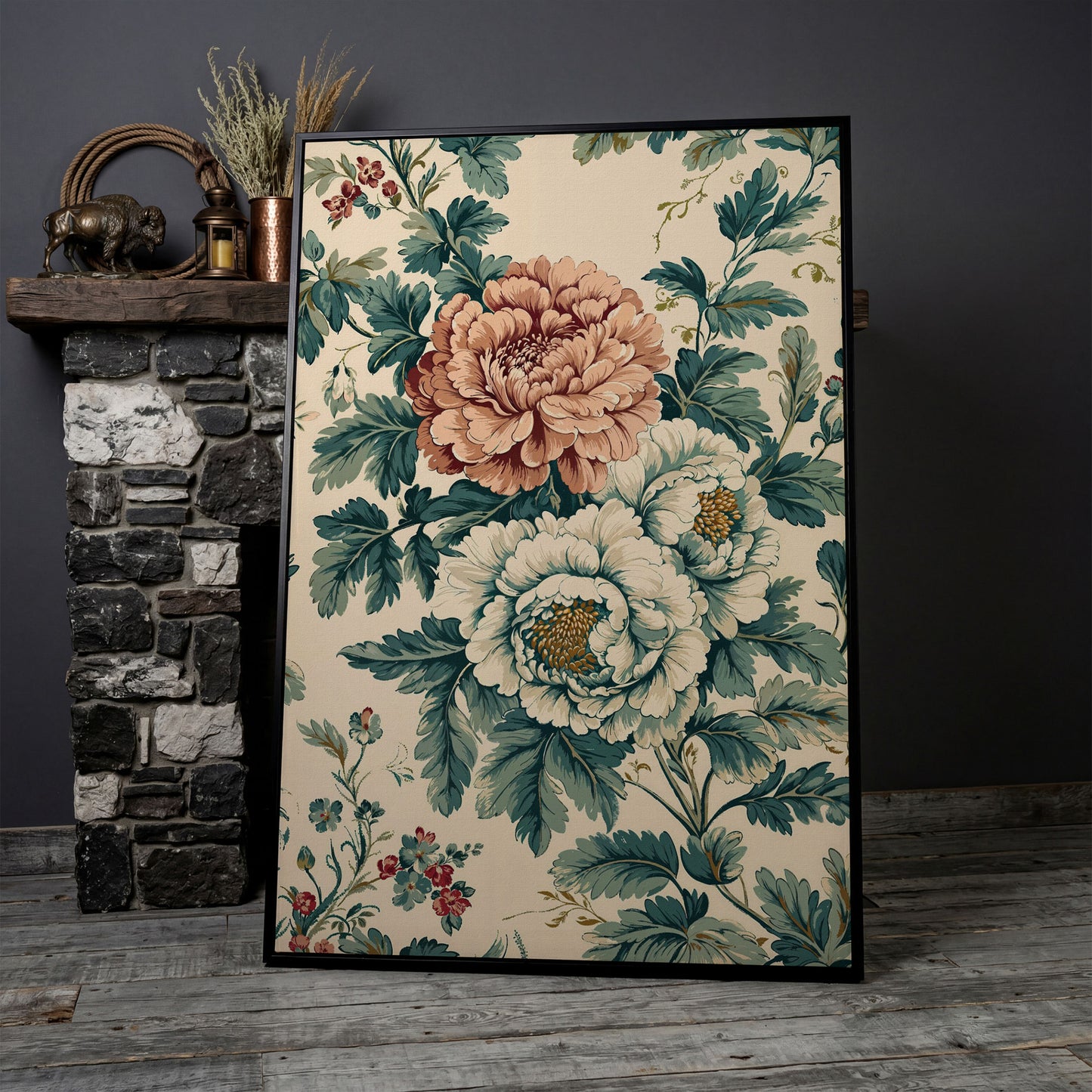 William Morris Peony Canvas Print in Teal & Peach in black floating frame