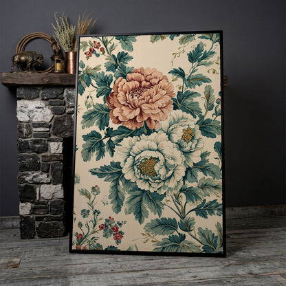 William Morris Peony Canvas Print in Teal & Peach in black floating frame
