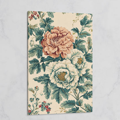 William Morris Peony Canvas Print in Teal & Peach on gallery wrap