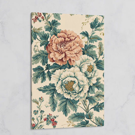 William Morris Peony Canvas Print in Teal & Peach on gallery wrap