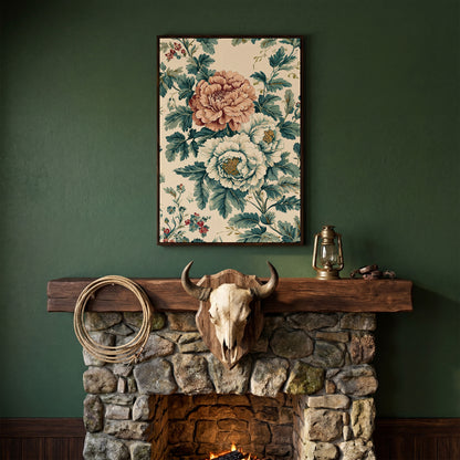 William Morris Peony Canvas Print in Teal & Peach in dark walnut floating frame