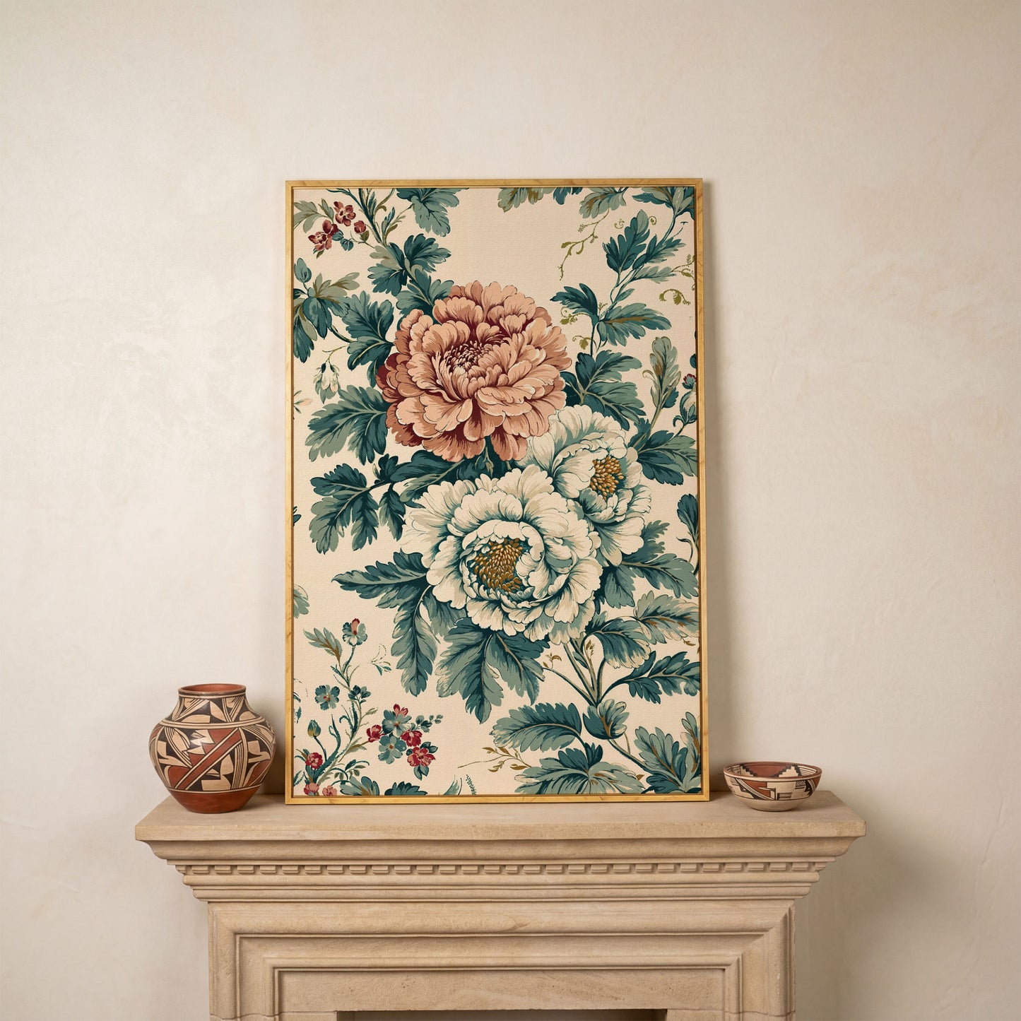 William Morris Peony Canvas Print in Teal & Peach in white oak floating frame