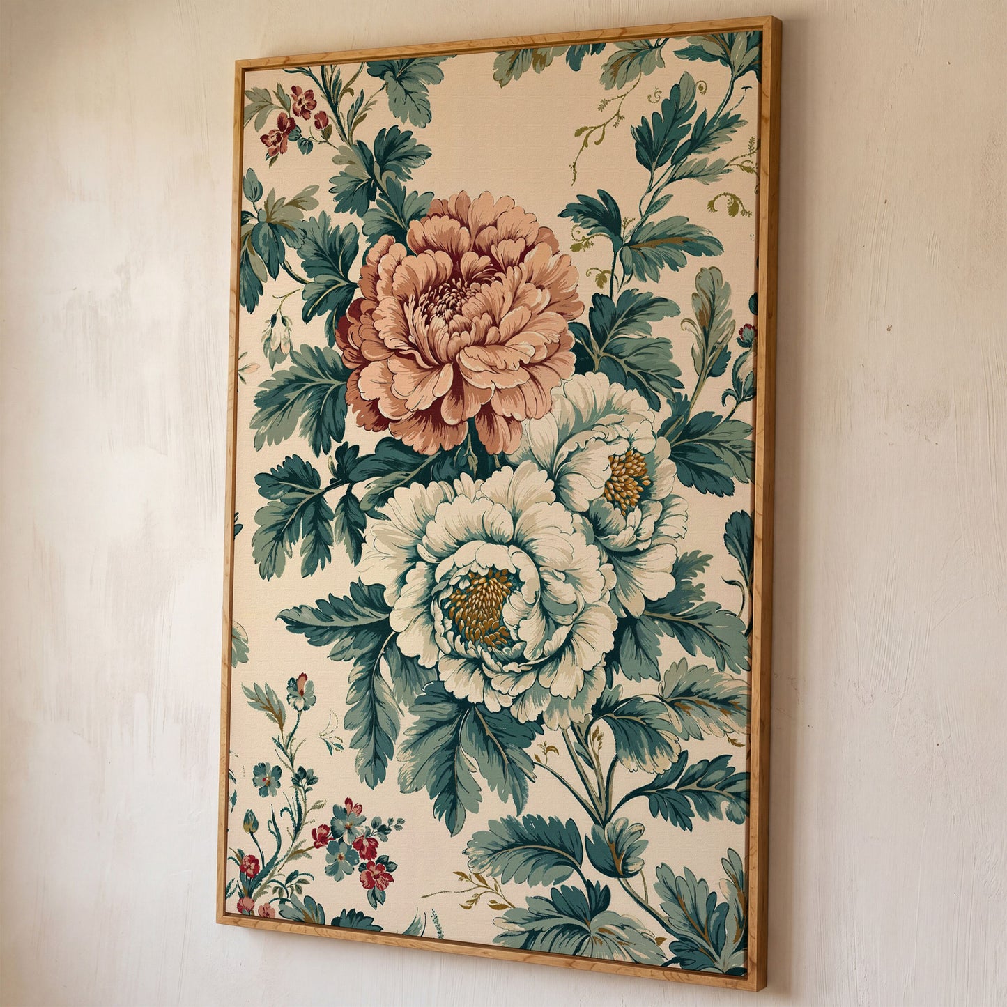 William Morris Peony Canvas Print in Teal & Peach shown in white oak floating frame