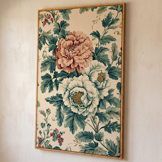 William Morris Peony Canvas Print in Teal & Peach shown in white oak floating frame