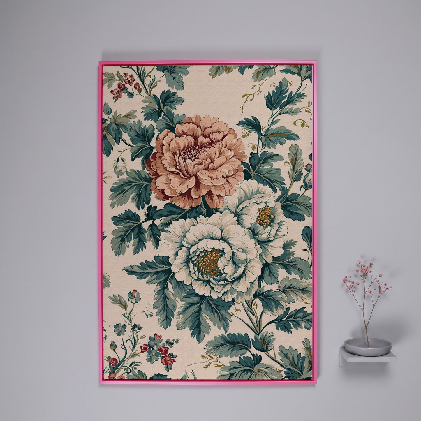 William Morris Peony Canvas Print in Teal & Peach in pink floating frame