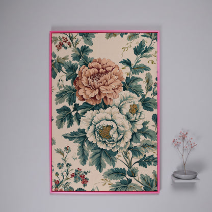 William Morris Peony Canvas Print in Teal & Peach in pink floating frame