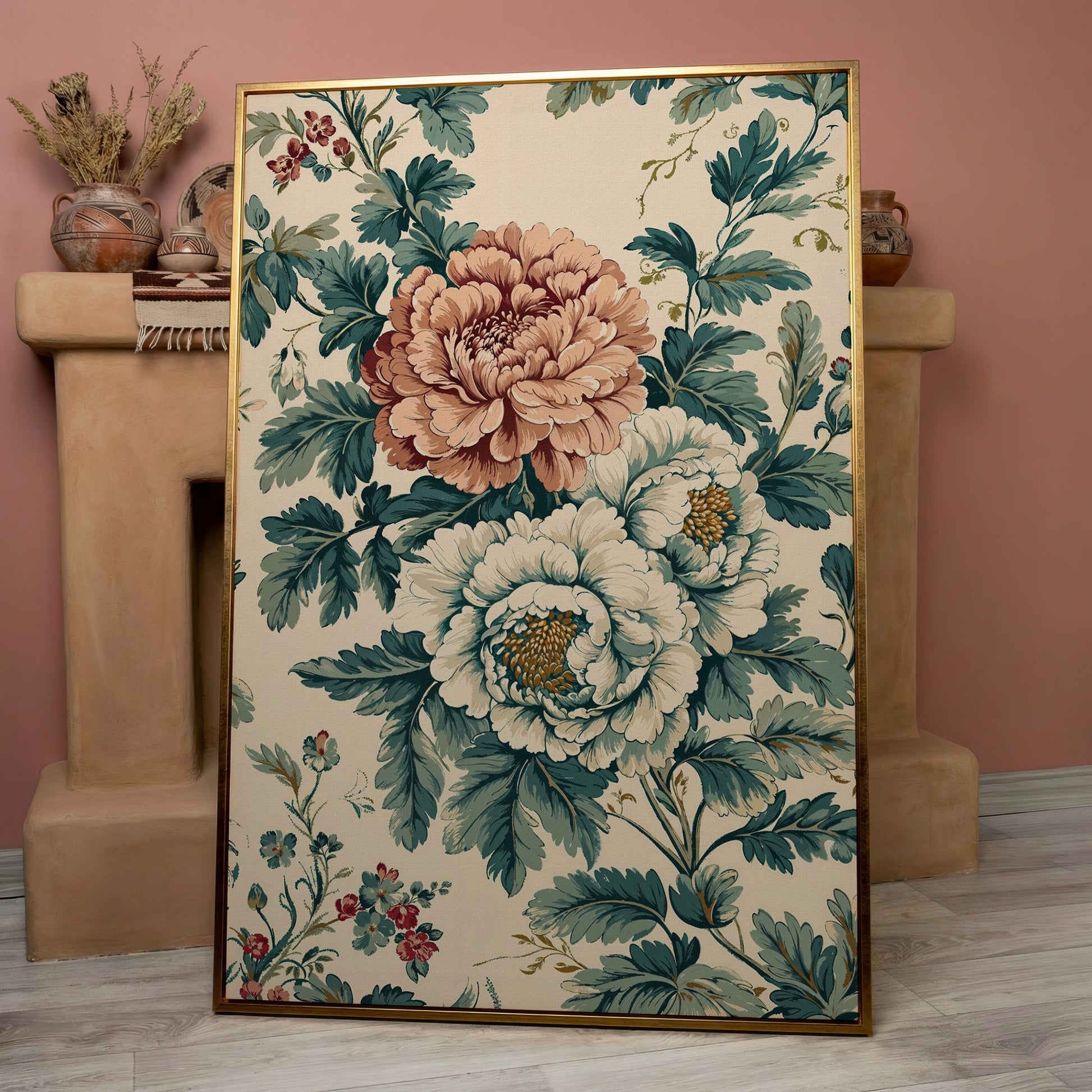 William Morris Peony Canvas Print in Teal & Peach in rose gold floating frame